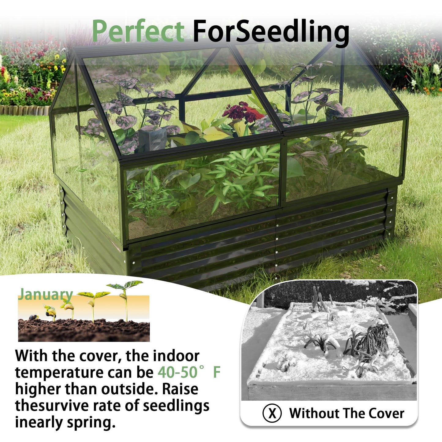 Dithoko 68.7" Raised Garden Bed with Greenhouse Cover, Galvanized Steel Planter Box with Open Bottom Drainage, Dual Use Outdoor Metal Planter for Vegetables Flowers and Herbs