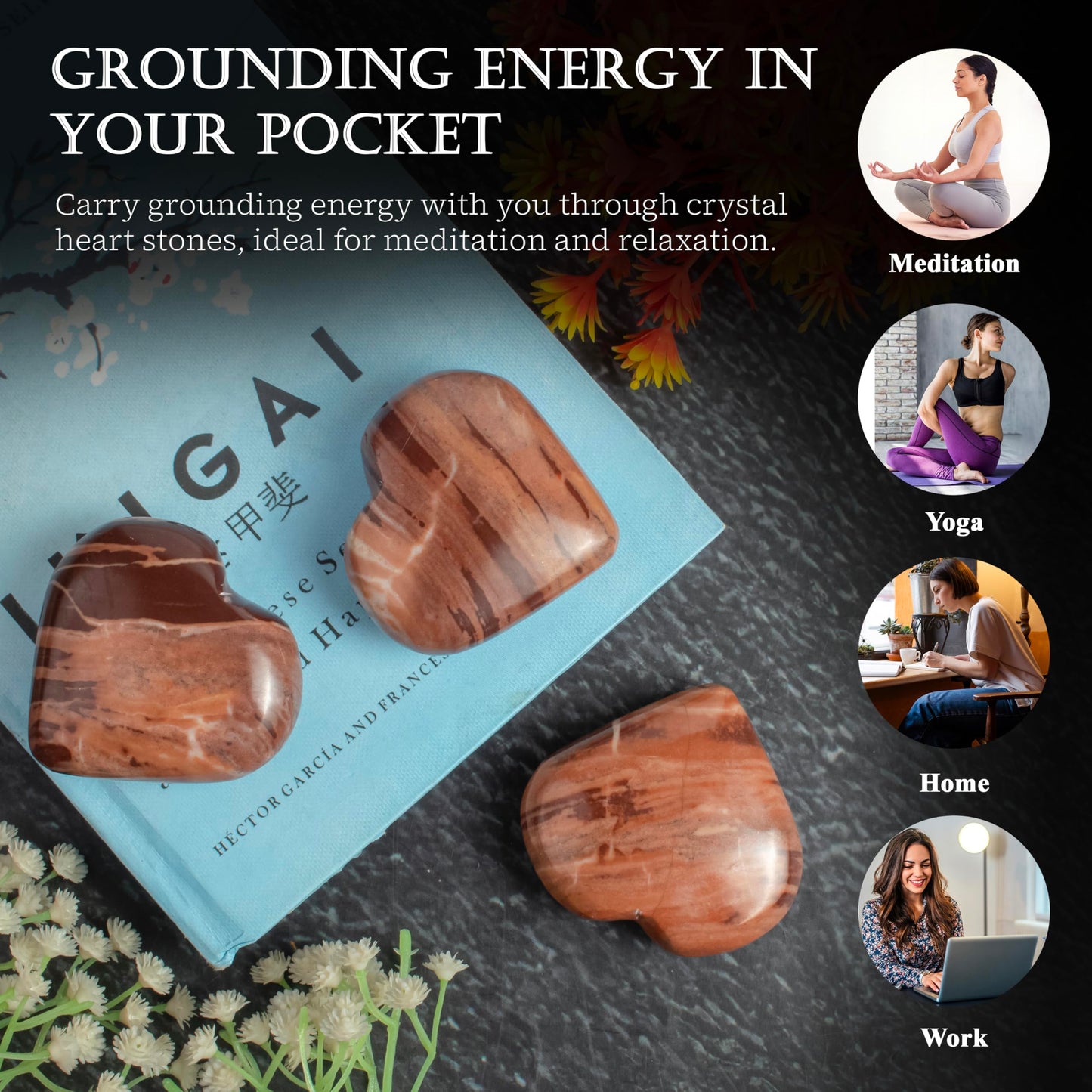 Crocon 50mm Chocolate jasper Heart stone Big Heart Shape Puff Stones Set Pocket Crystal Healing Tumble Collection Palm Worry Stone Good Luck Charm Meditation Gifts for women