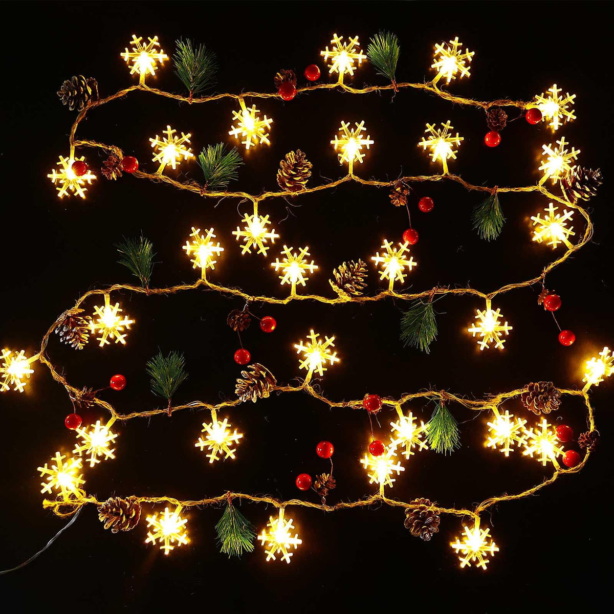 Christmas Garland with Snowflake Lights, 30 Led 10ft Battery Operated 8 Lighting Modes Timer Pine Cones Red Berry Garland Indoor Outdoor Office Decor Xmas String Light Mantle Decorations Warm White