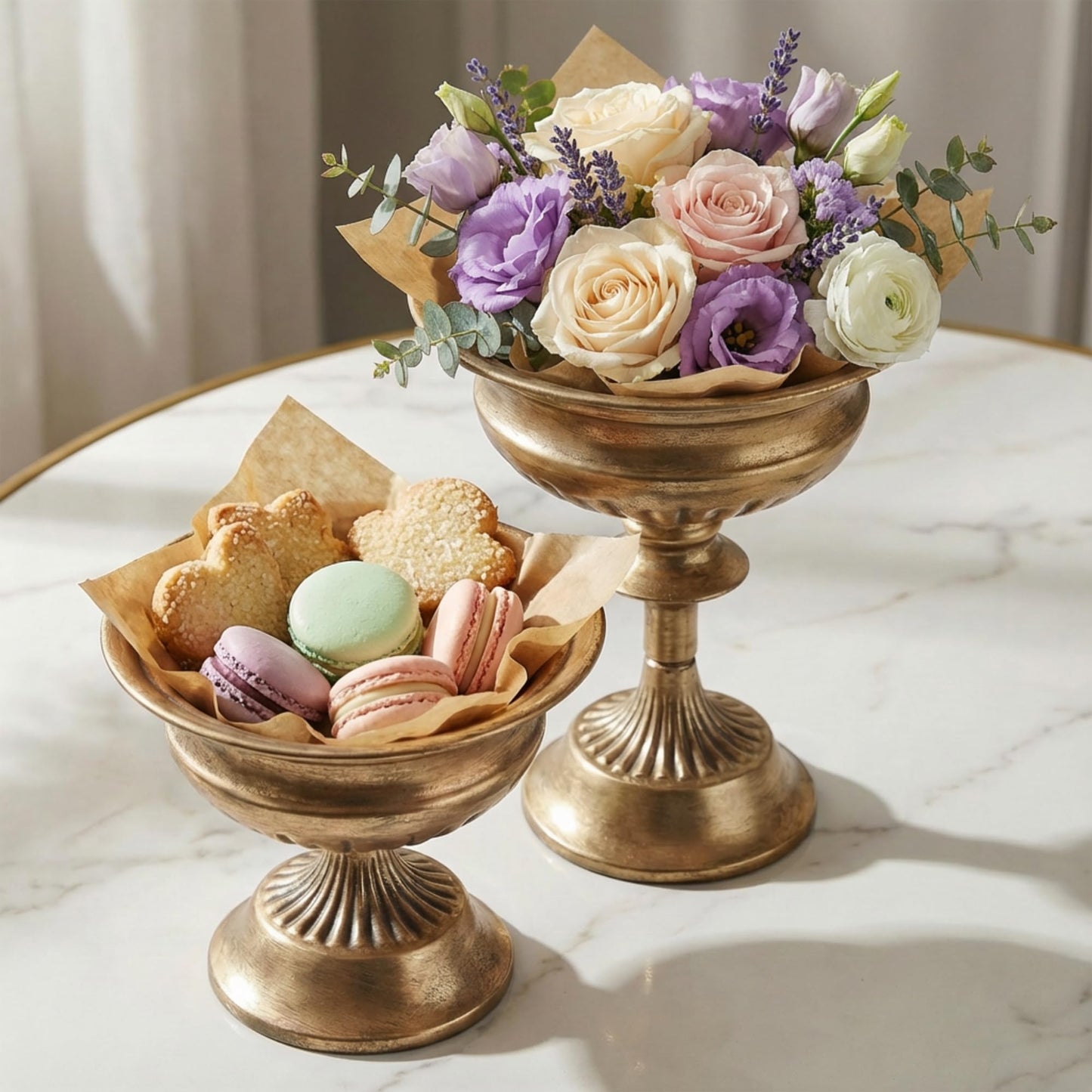 WORTH Gold Urn Vases for Centerpieces Set of 2 (8.8" H x 7.8" Dia & 6.1" H x 7.8" Dia), Classic Metal Trumpet Flower Pot for Table Bowl Vase for Wedding Party Event Home Deco, Smooth, Non-Aged Finish