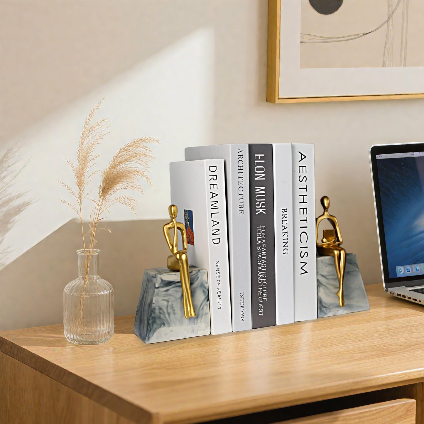 Book Ends for Shelves to Hold Books,Heavy Duty Thinker Abstract Statue Decorative Bookends for Home Office Bookshelf, Gift for Book Lovers,1 Pair