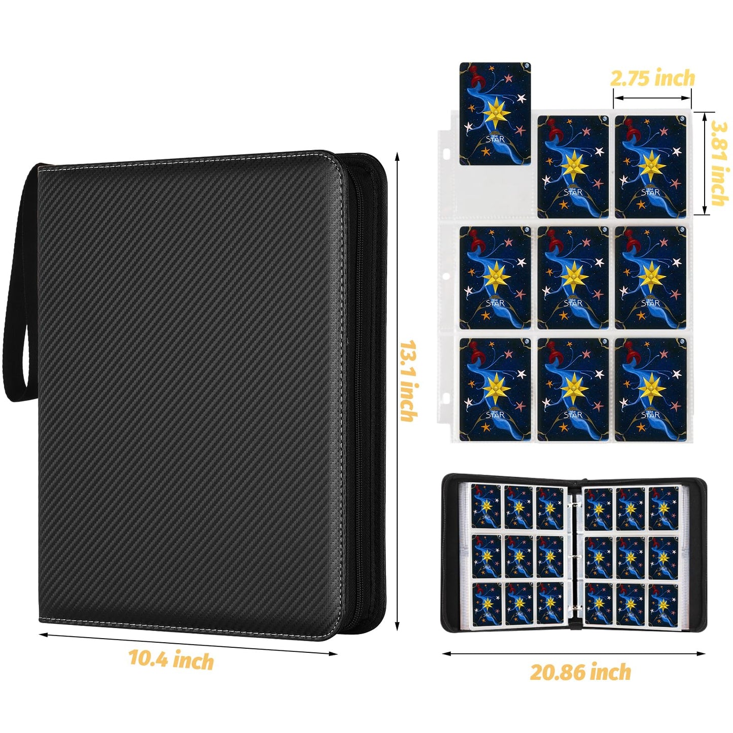 GERMUN Trading Card Binder, 900 Pockets Card Binder, 9-Poccket Sided Pocket Sports Card Binder, Premium Card Binders Compatible with MTG, TCG, Baseball Cards(Carbon Black)