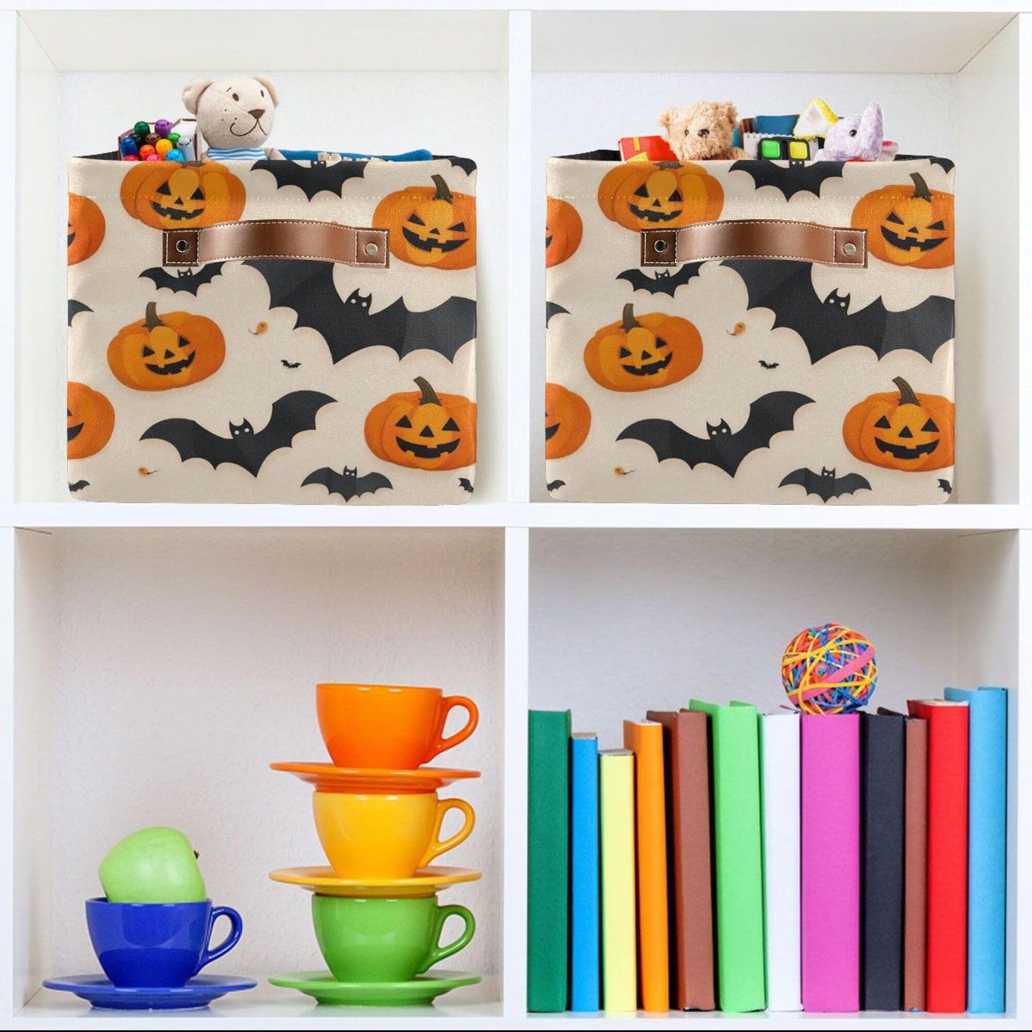 Wamika Happy Halloween Storage Basket with Waterproof Liner and PU Handles Spooky Pumpkin Black Bat Storage Bins Boxes 14.2" Collapsible Decorative Organizer Baskets for Bedroom Closet Office 1 Pack