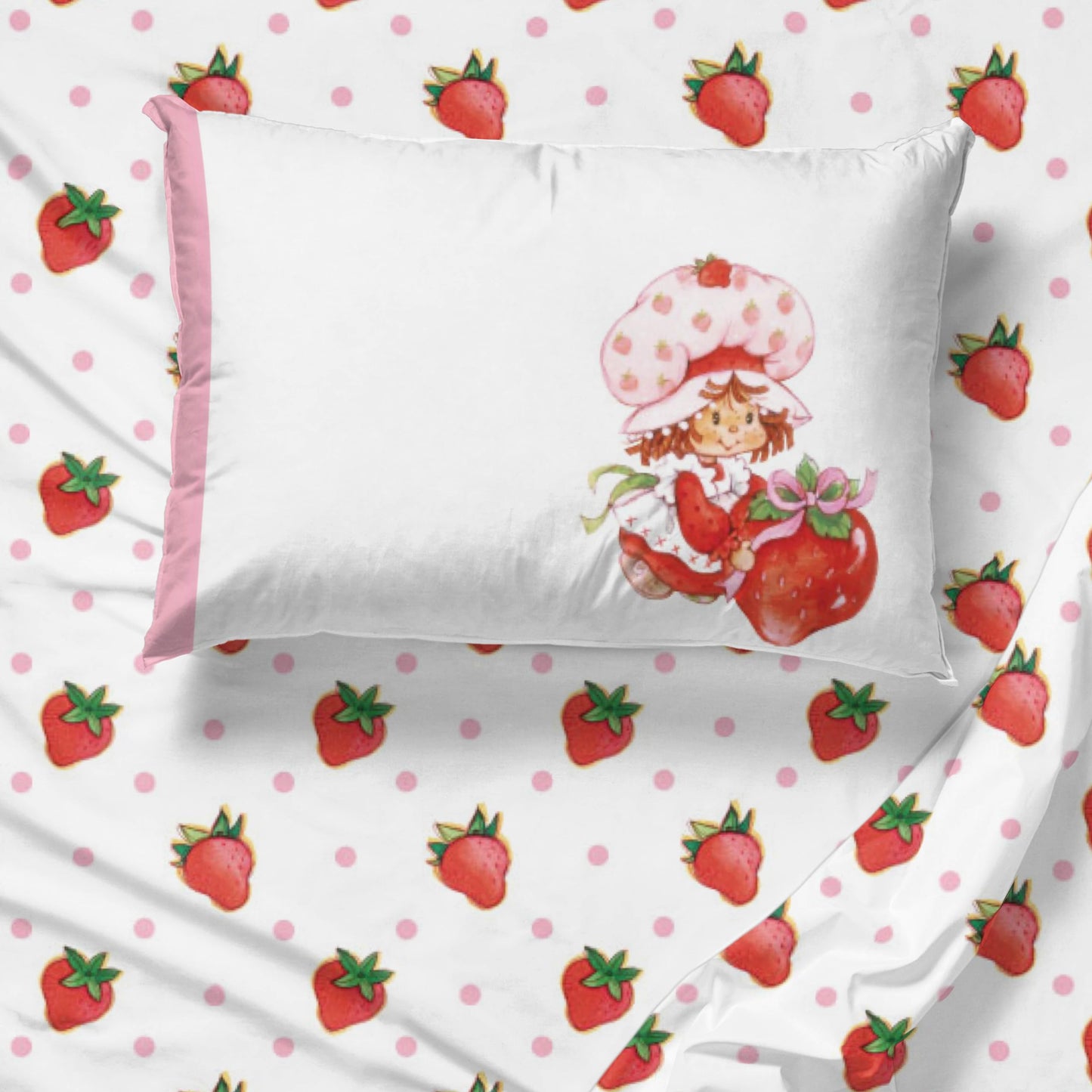 Jay Franco Kids Sheet Set with Fitted, Flat Sheets & Pillow Cover - Ultra-Soft Bedding with Pillowcase for Room Decor, White - Strawberry Shortcake, 4 Piece Full