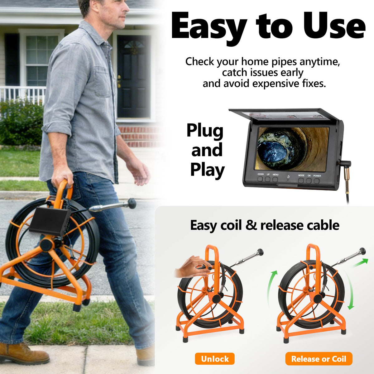 ๐๐๐๐ ๐ง๐๐ฐ HD1080P Sewer Camera with DVR 32GB, 4.3" Drain Camera (Easy to Use), Pipe Inspection Camera, 5000mAh, USB-C, Endoscope Camera with 4-Level LED Lights, Cable Marking, 100ft/30M