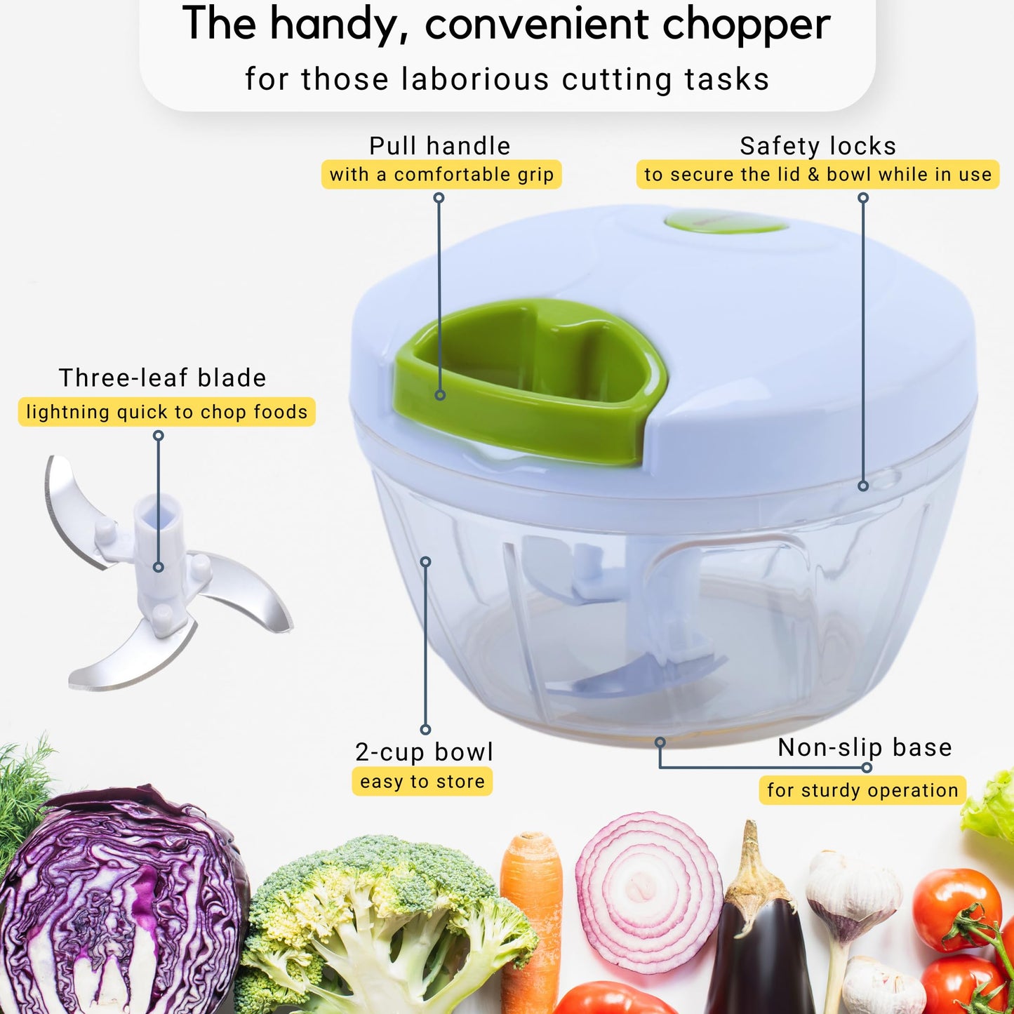 Brieftons Manual Food Chopper, Compact & Powerful Hand Pull Chopper Blender to Chop Onion, Garlic, Vegetables, Fruits, Herbs for Salsa, Salad, Pesto, Hummus, Coleslaw, Puree, Indian Cooking