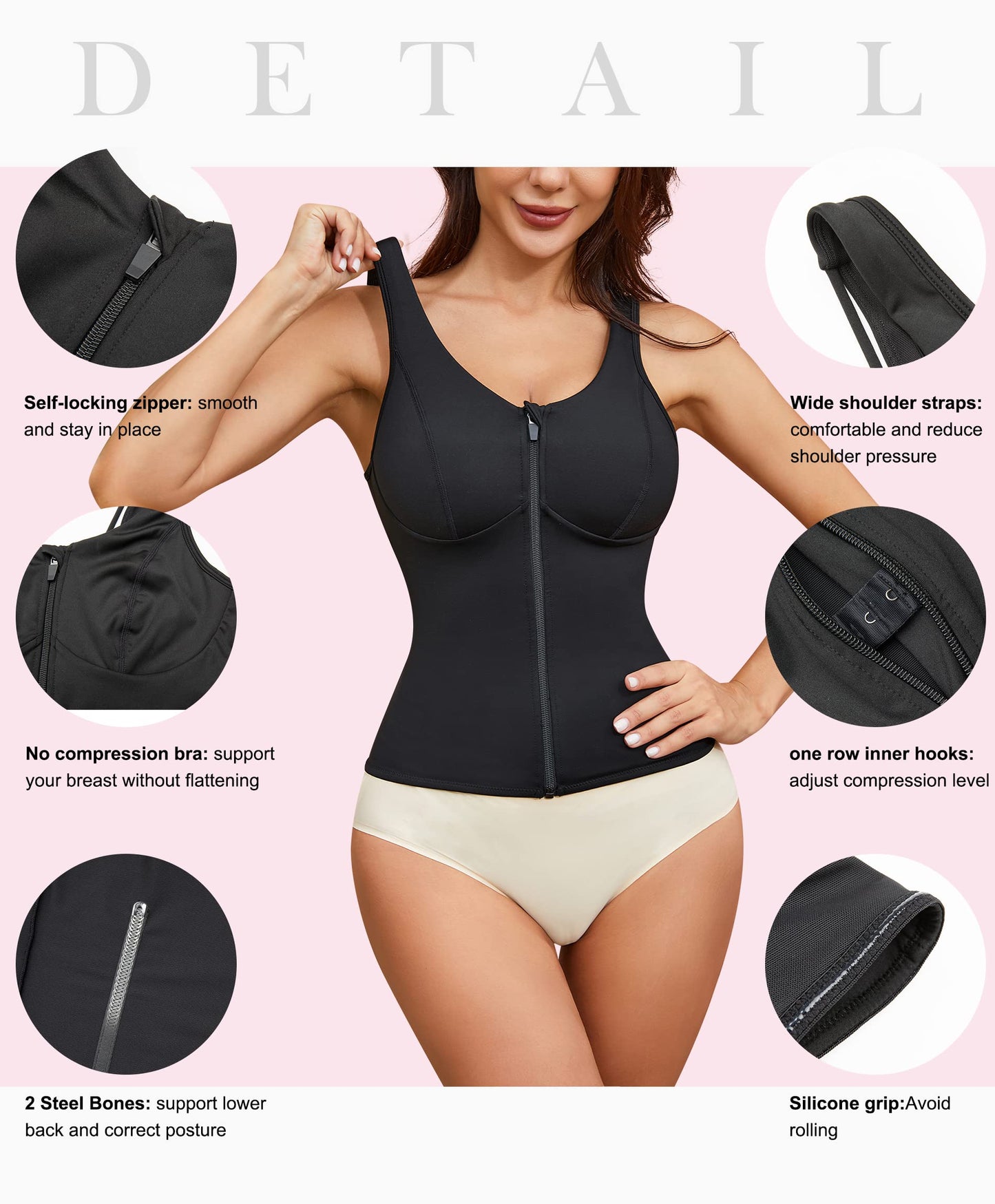 Gotoly Women's Compression Tank Tops Triple Tummy Control Workout Tops Shapewear Camisole Cami Shaper with Zipper Body Shaper(Black, Medium)