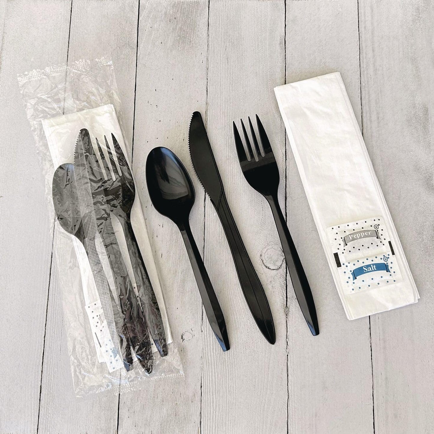 Boardwalk Disposable Plastic Cutlery Set, Six Piece Silverware Kit, Case of 250 Fork Knife Spoon Napkin Salt & Pepper, Polystyrene, Black, Individually Wrapped