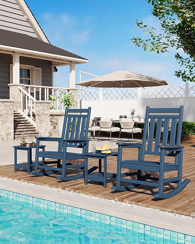 GarveeLife Poly Lumber Rocking Chair Outdoor Set of 4 - HDPE High Back Porch Rocker Chairs for Adults - All Weather Resistant Furniture for Patio - Navy Blue