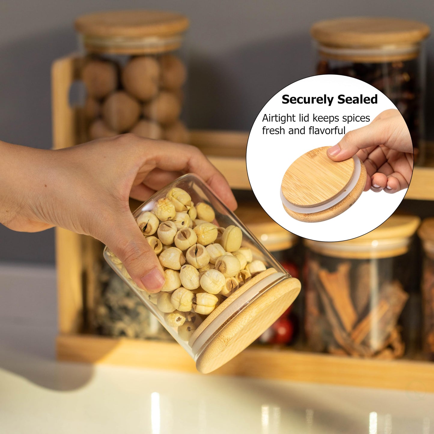 Basicwise Versatile 2-Tier Bamboo Spice Rack and Pantry Organizer with 8 Glass Jars – Perfect for Countertop Storage in Kitchens to Keep Seasoning Containers Neatly Displayed and Easily Accessible