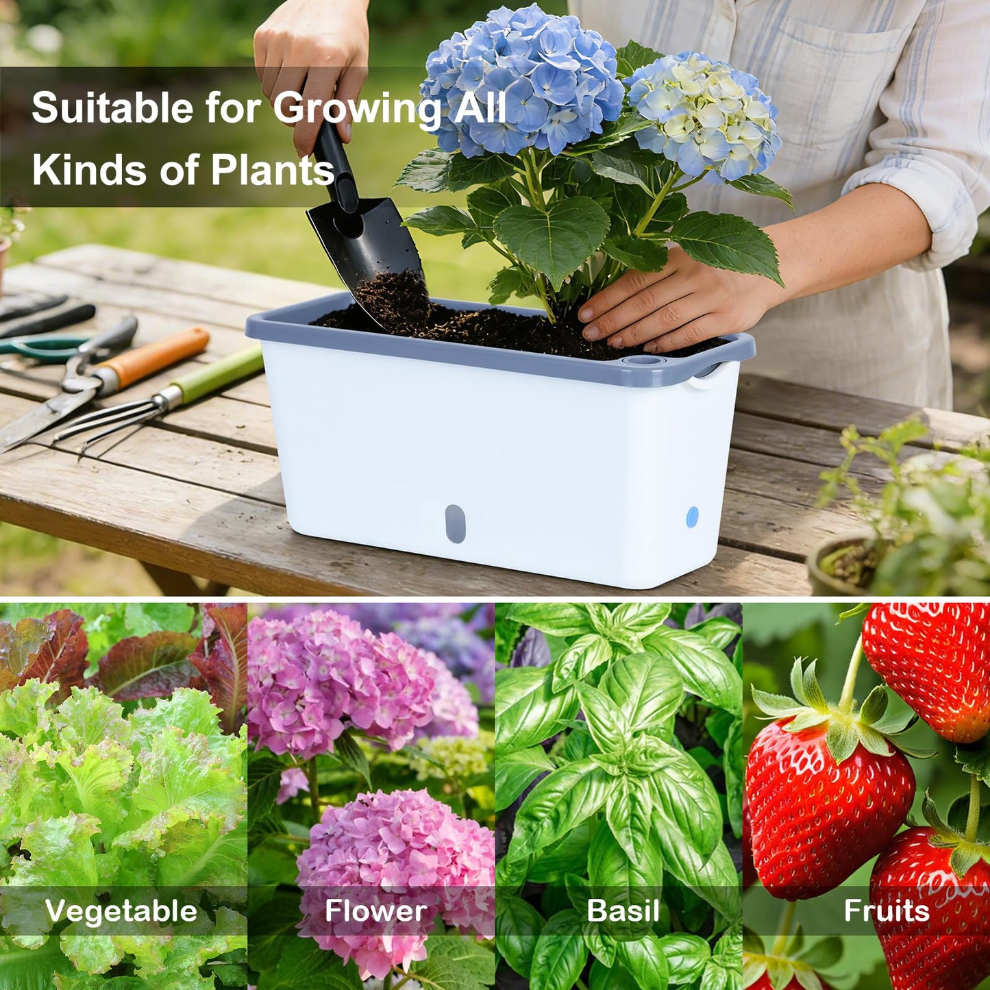 Oliz Window Box Planter 4 Packs, 14 Inches Rectangle Flower Pots with Breathable Drainage Holes, Pots for Vegetables, Herbs, Flowers, Garden Windowsill Balcony (White & Grey)