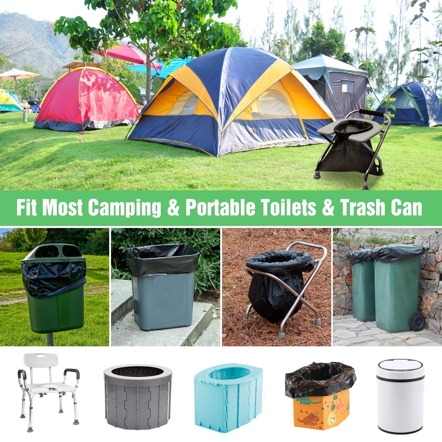 120 Portable Camping Toilet Bags, 8 Gallon Emergency Camp Potty Poop Bags for Adults, Thickened Trash Waste Bags for 5 Gallon Bucket Toilet Seat Camping Trash Can Outdoor