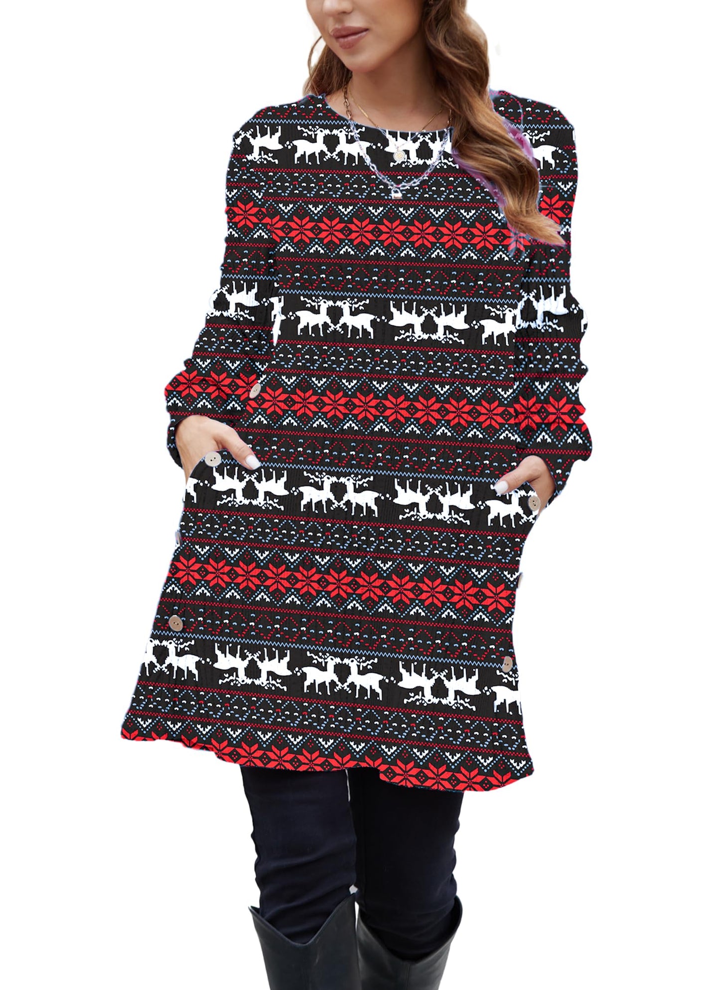 Kikibell Christmas Reindeer Long Sleeve Dress Ugly Christmas Sweater for Women Christmas Dresses for Women Plus Size Winter Dresses