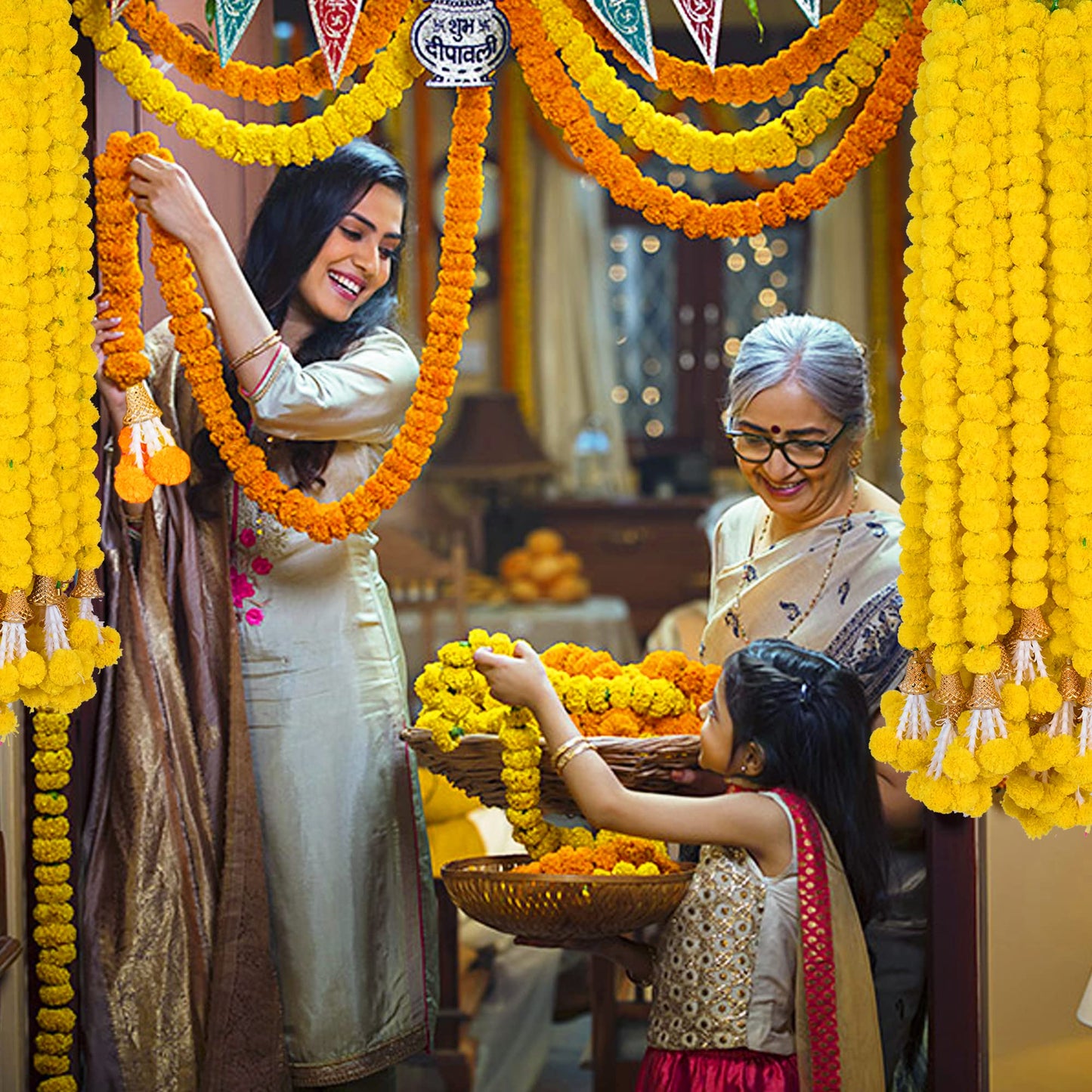 DIYANA IMPEX Marigold Garland for Decoration 5 Pcs of 5 feet Long Strands Artificial Marigold Flowers with Bell, Indian Décor for Pooja/Diwali/Wedding/Christmas (Yellow)