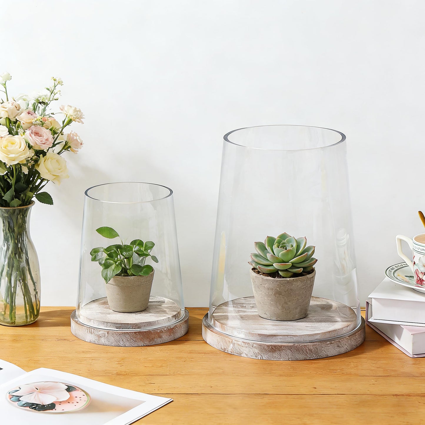 6" Wide Glass Hurricane Candle Holders with Handmade Sturdy Glass Sleeves and Distressed Brown Wood Base for Pillar Candle & Plants, Industrial, Farmhouse, Display Cloche Bell Jars, Table Centerpiece