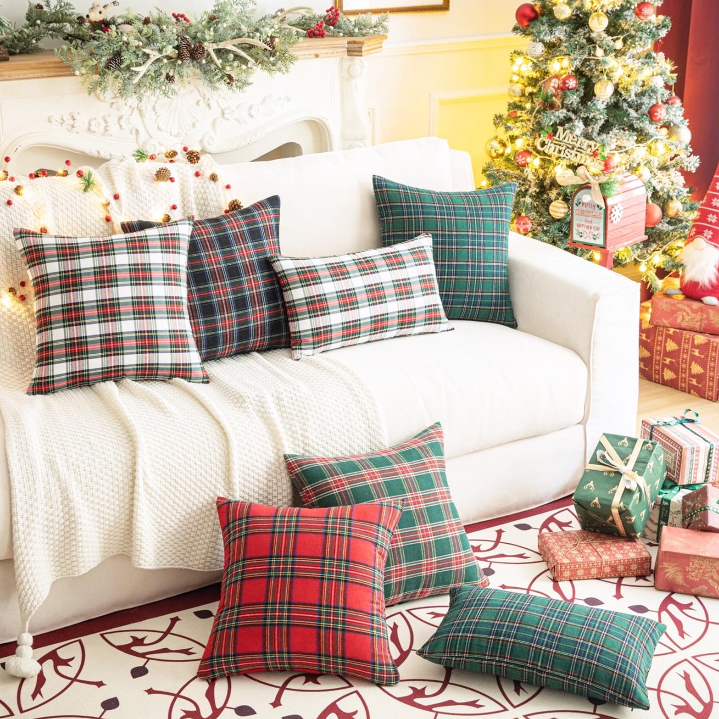 AQOTHES Pack of 2 Christmas Plaid Decorative Throw Pillow Covers Scottish Tartan Cushion Case for Farmhouse Home Holiday Decor Red and White, 24 x 24 Inches