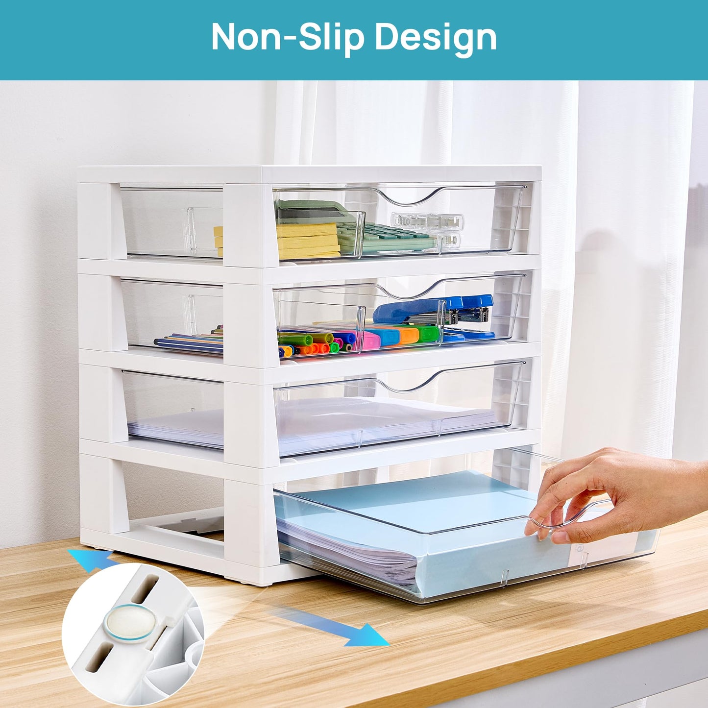 Vtopmart Clear Desk Organizer, 4-Tier Assemble Desktop File Organizer with Drawers, Office Desk Organization for Office Supplies