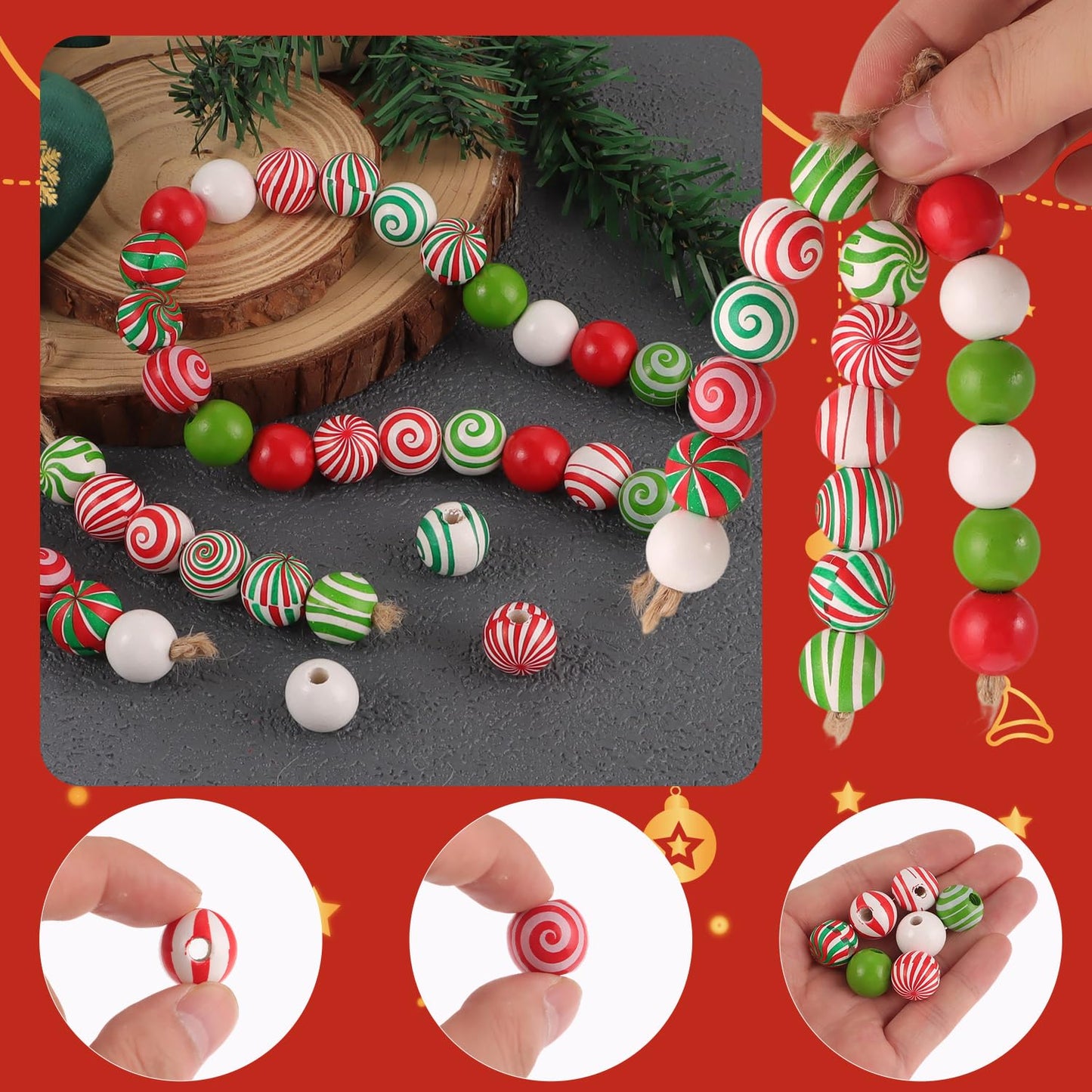 180 Pcs Christmas Wooden Beads Xmas Red Green Round Wood Beads Peppermint Candy Canes Crafts for DIY Garland Jewelry Making Party Tree Hanging Home