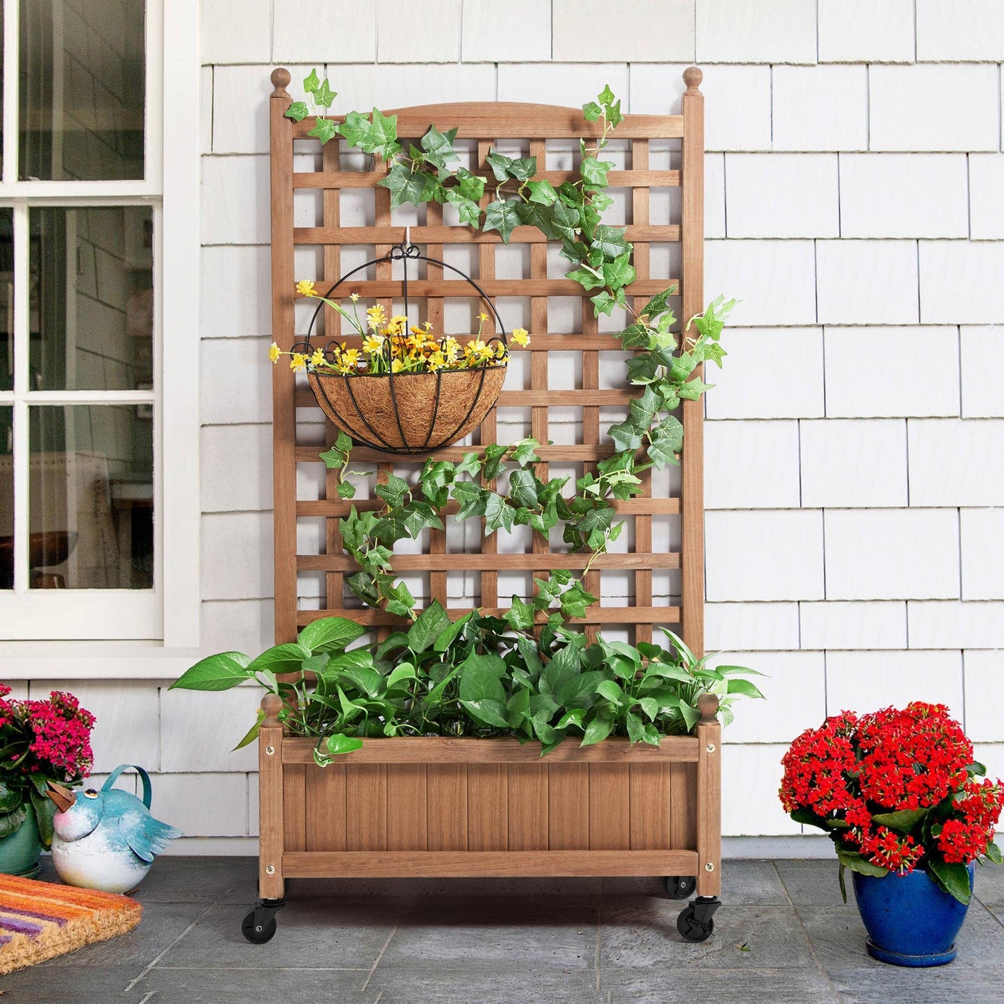 Yaheetech 2pcs 50" H Raised Garden Bed with Trellis & Wheels Standing Vertical Horticulture Planter Box for Vine Climbing Plants, Flowers, Herbs Brown