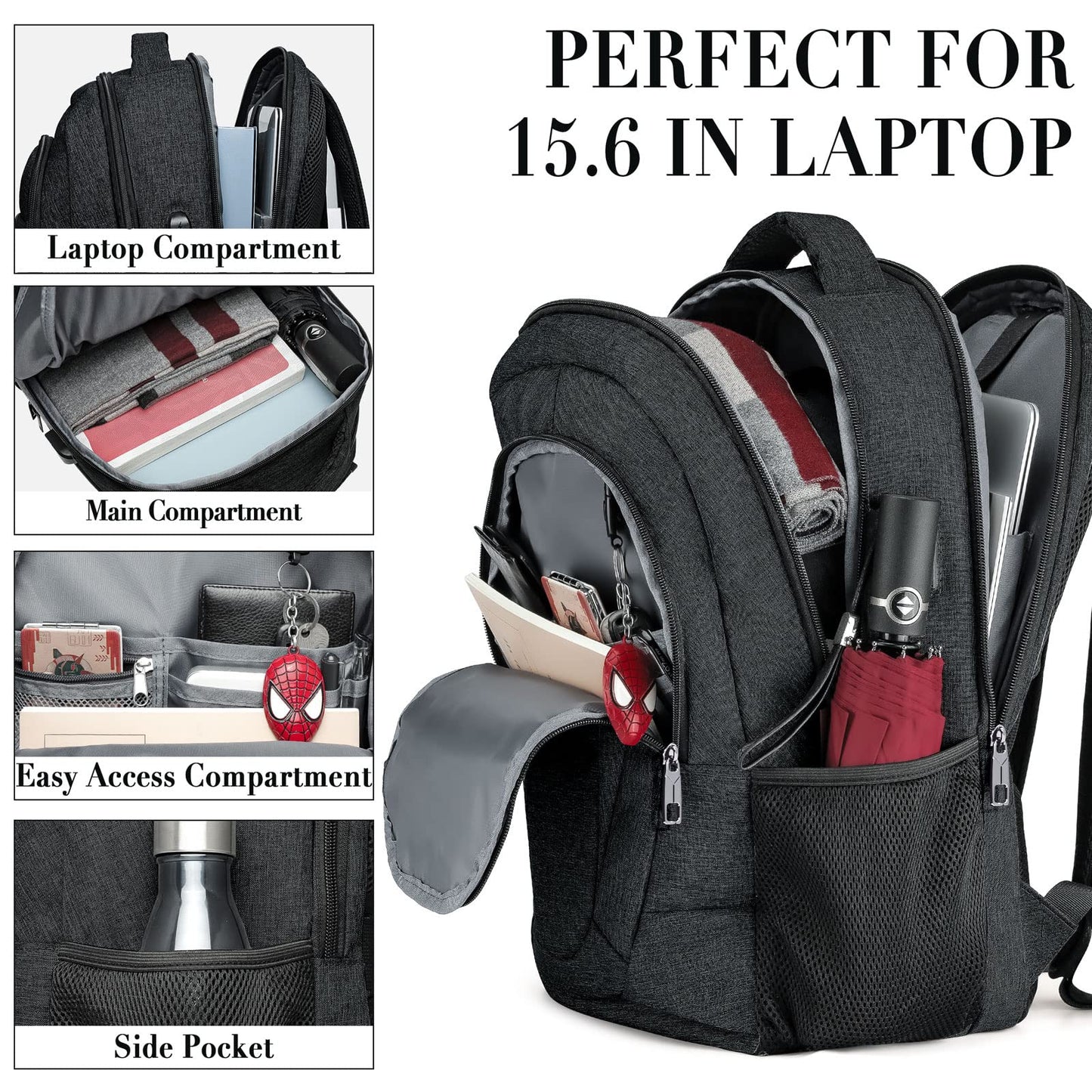 Laptop Backpack, School Backpack for Boys Water Resistant School Bag with USB Charging Port, Business Anti Theft Durable 15.6 Inch Laptop Bag, Gifts, Black
