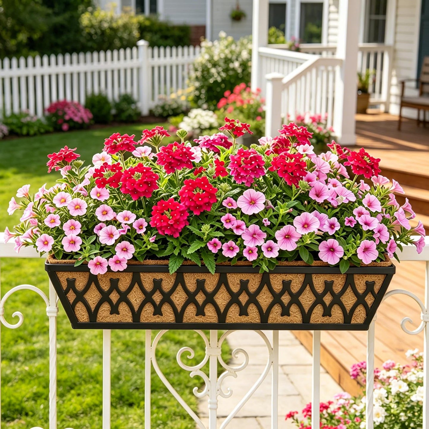 Karlliu 2 Pack 24 Inch Window Boxes Planters Railing Planter Box with Adjustable Brackets for Porch Fence Patio Balcony Hanging Flower Baskets with Coco Liners for Outdoor Garden Décor - Black