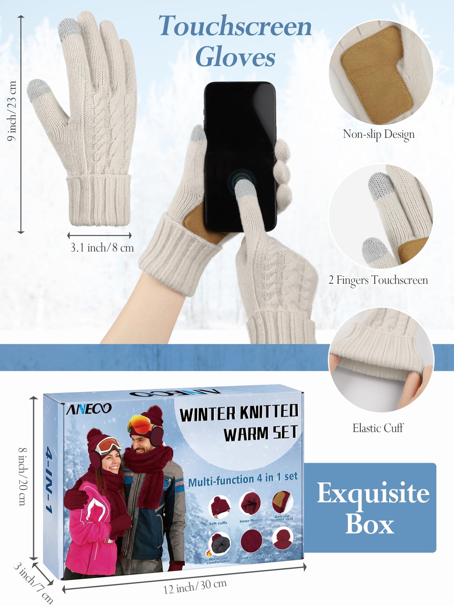 Aneco 4-in-1 Women Winter Beanie Hat Scarf Touchscreen Gloves Ear Warmer Set Fleece Lined Warm Knit Skull Cap with Pom Pom Oatmeal