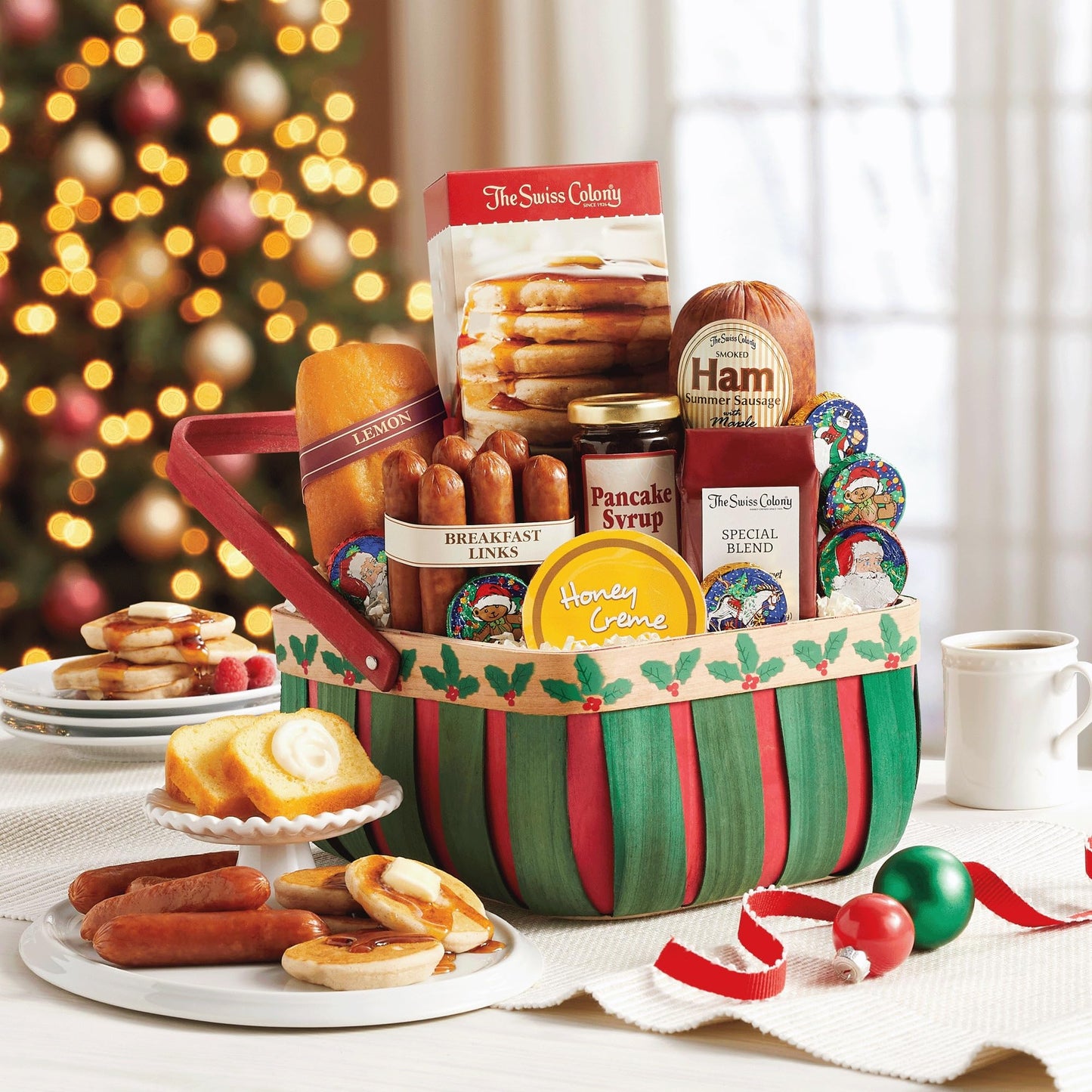 The Swiss Colony Holly Breakfast Basket Apple Cinnamon Pancake Mix, Maple Ham Summer Sausage Meats, Lemon Bread, Coffee, Holiday Gift Set, Breakfast Gift Basket for Adults