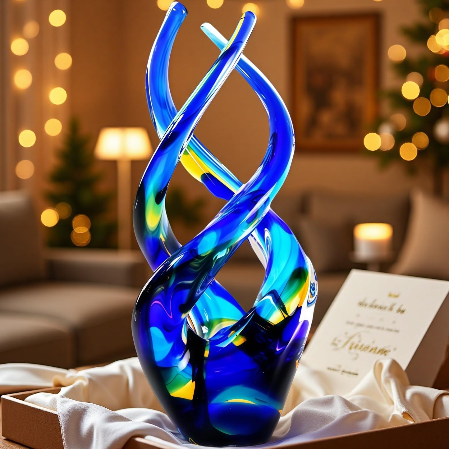 Mysphex Hand Blown Glass Decor - Cobalt Blue Glass Sculpture - Ocean Theme Spiral Kinetic Figurine, Light Reactive Gradient Decor for Home Office Garden, Ideal Gift for All Occasions