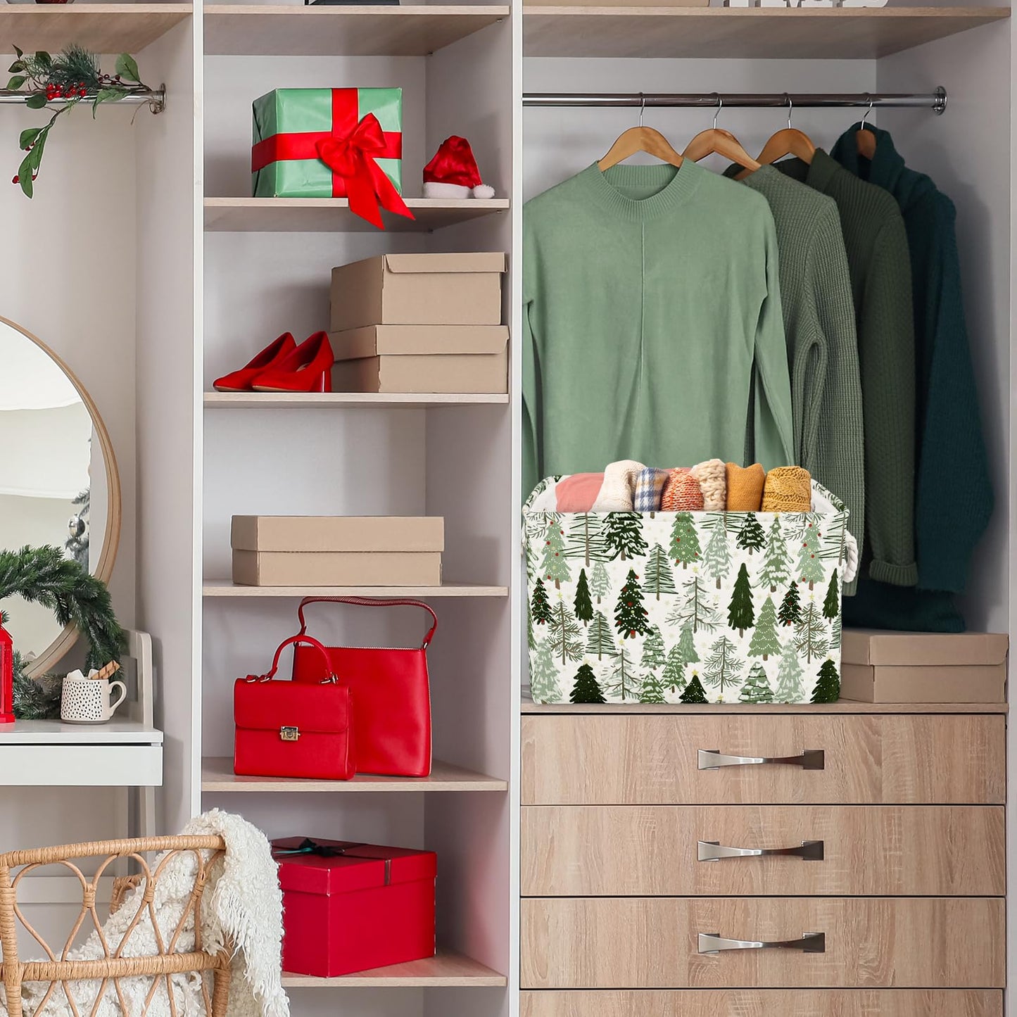 JarThenaAMCS 2Pcs Christmas Rectangle Storage Basket 15 x 10.2 x 9.4 In Xmas Pine Tree Foldable Open Toy Organizer Bag with Handle Large Laundry Dirty Cloth Storage Bin for Bedroom Shelves Closet