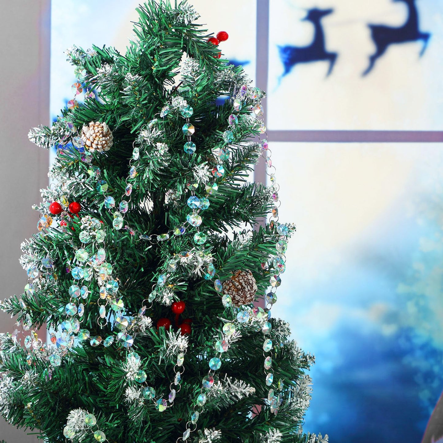 Blushtier Crystal Garlands Acrylic Octagon Bead Strands 14mm Iridescent Clear Diamond Hanging Chandelier Chain Ornament String for Wedding Manzanita Centerpiece Holiday Party(33 ft)