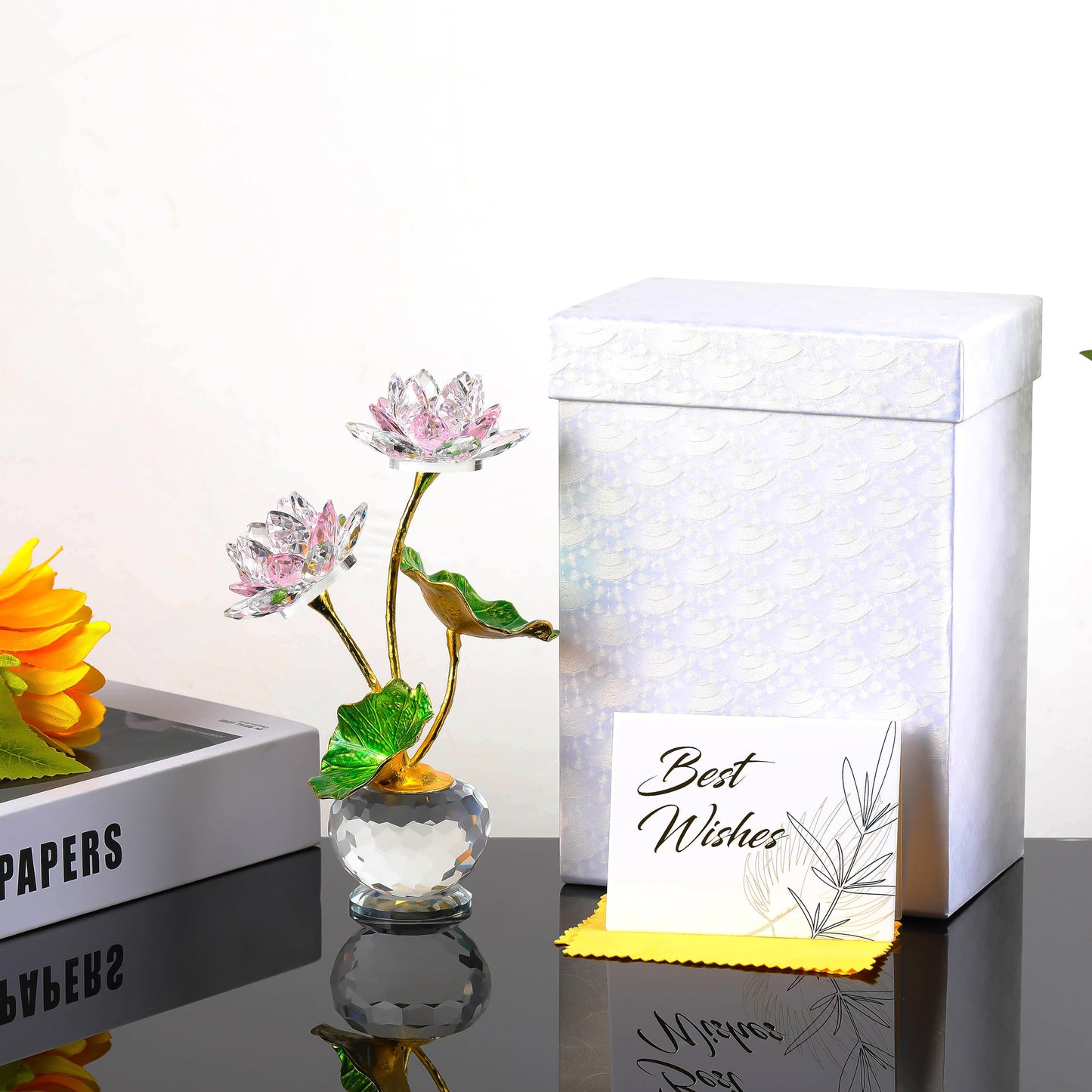 Qianwei Crystal Pink Lotus Flower with Stems - Glass Decor Lotus Flower with Vases Home Office Decoration - Crystal Gifts for Mom Girlfriend Sisters Boss on Birthday Mothers Day Valentines Day