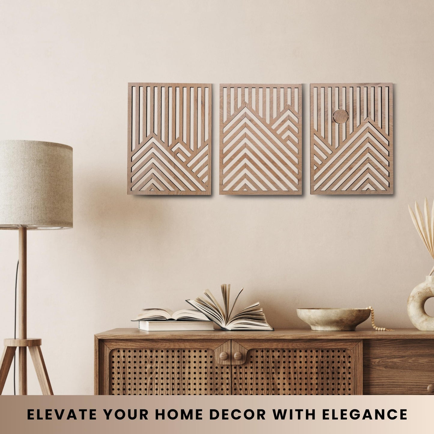 qmmp Modern Wooden Wall Sculptures - Set of 3 - MDF - Oak - Home Decor Accent - Large Wall Art for Living Room, Bedroom, Office - Easy Installation (Oak, Medium - Mountain and Sun, Unframed)