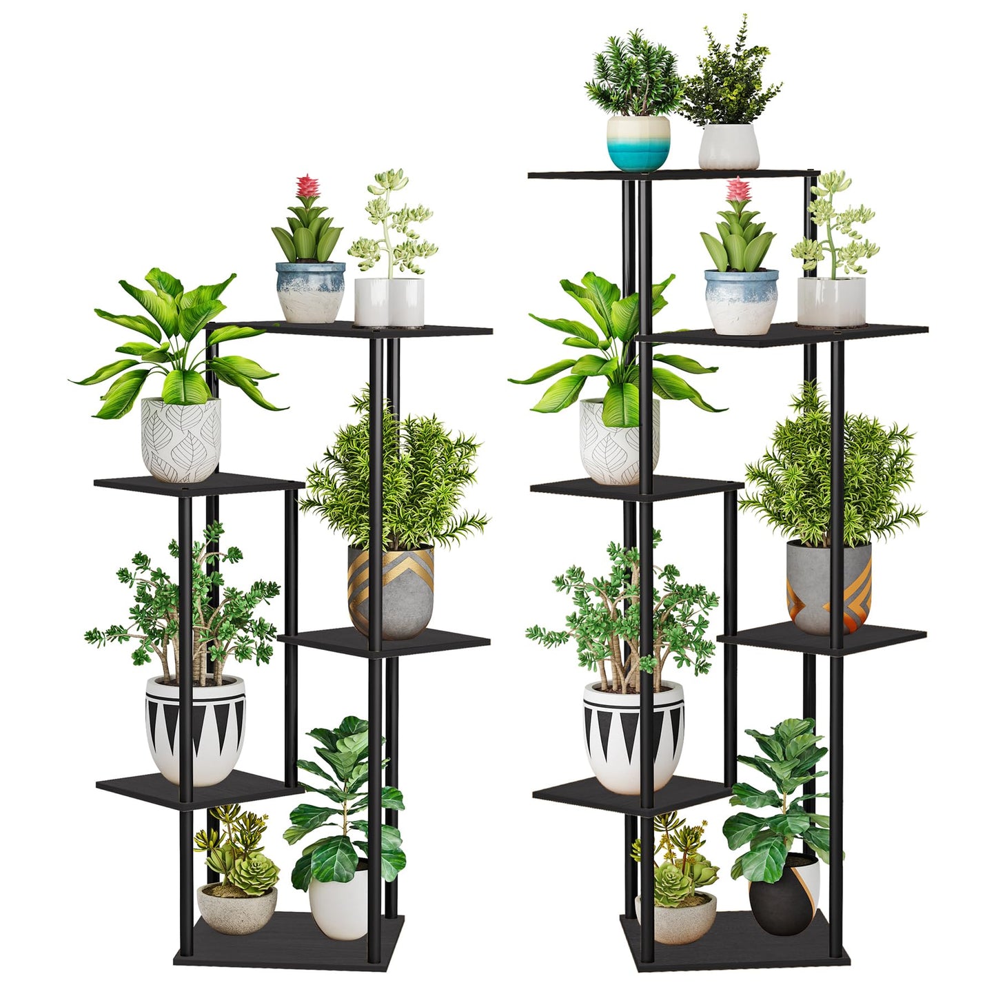 HAYOFAMY 6 Tier Plant Stand Indoor, Tall Plant Shelf Metal Wood Multiple, Flower Pot Holder for Living Room Office Balcony Patio, Black