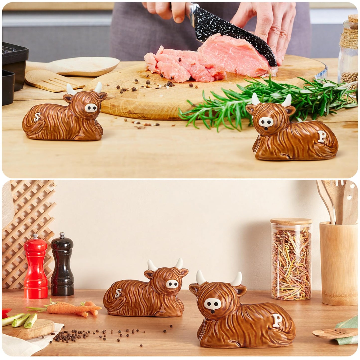 Potchen 2 Pcs Highland Cow Salt and Pepper Shaker Set Ceramic Kitchen Accessories Animal Spice Rack Scottish Highland Cow for Farm Animal Bull with Horns S&P