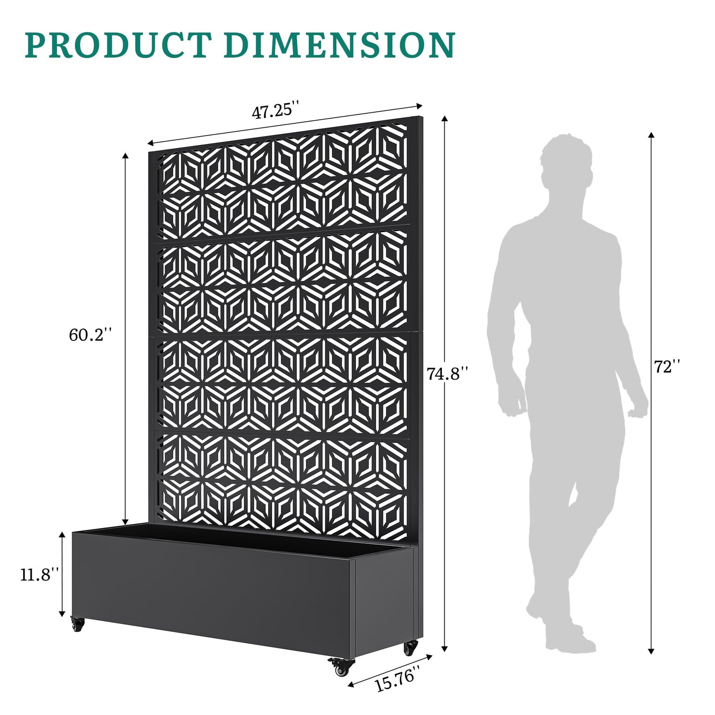Ultym Metal Planter Box with Trellis, Galvanized Steel Raised Garden Bed with Privacy Screen, Lockable Casters, 73"x47"x16" Planter with Drainage Holes for Outdoor Climbing Plants, Vegetables, Patio
