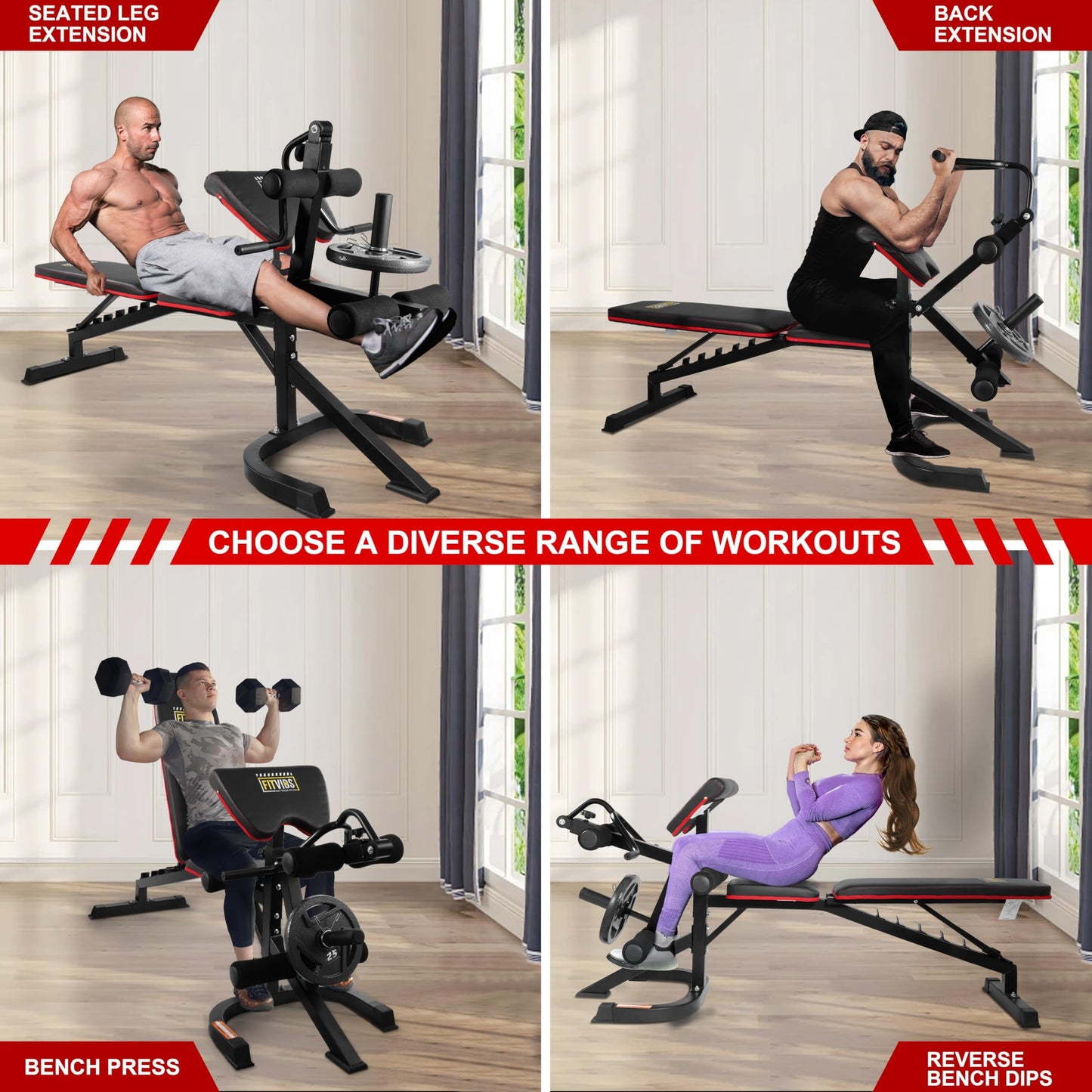 Fitvids Adjustable Weight Bench, Workout Bench for Home Gym, Adjustable 6 Position Utility Bench with Leg Extension and Preacher Pad, Leg Extension and Curl Machine, Multiple Styles