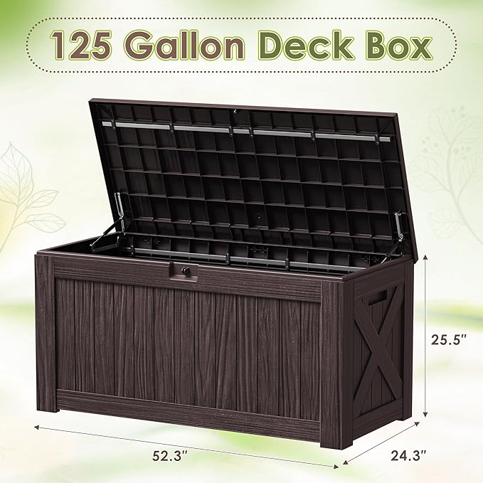 Devoko 125 Gallon Outdoor Storage Box, Waterproof Resin Deck Box for Patio Furniture, Lockable Container for Garden Cushions & Pool Supplies (Brown, 125 Gallon)