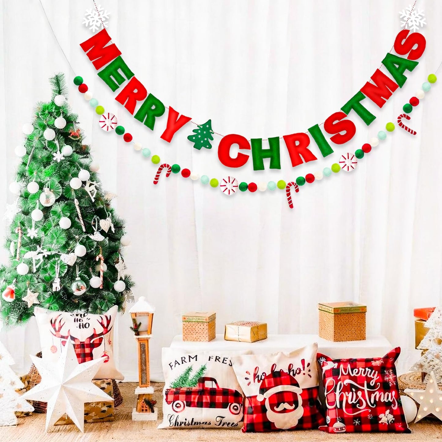 Unique Merry Christmas Felt Banner with Peppermints Candy Cane, Handmade Felt Ball Christmas Garland,Holiday Party Supplies for Xmas Tree Wreath Mantel Fireplace Wall Home Modern Christmas Decorations
