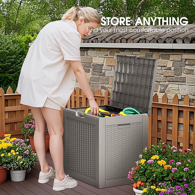 Outdoor Storage Box, Resin Deck Boxes Indoor and outdoor, Waterproof Storage Box Lockable Lid (Grey,31 Gallon)