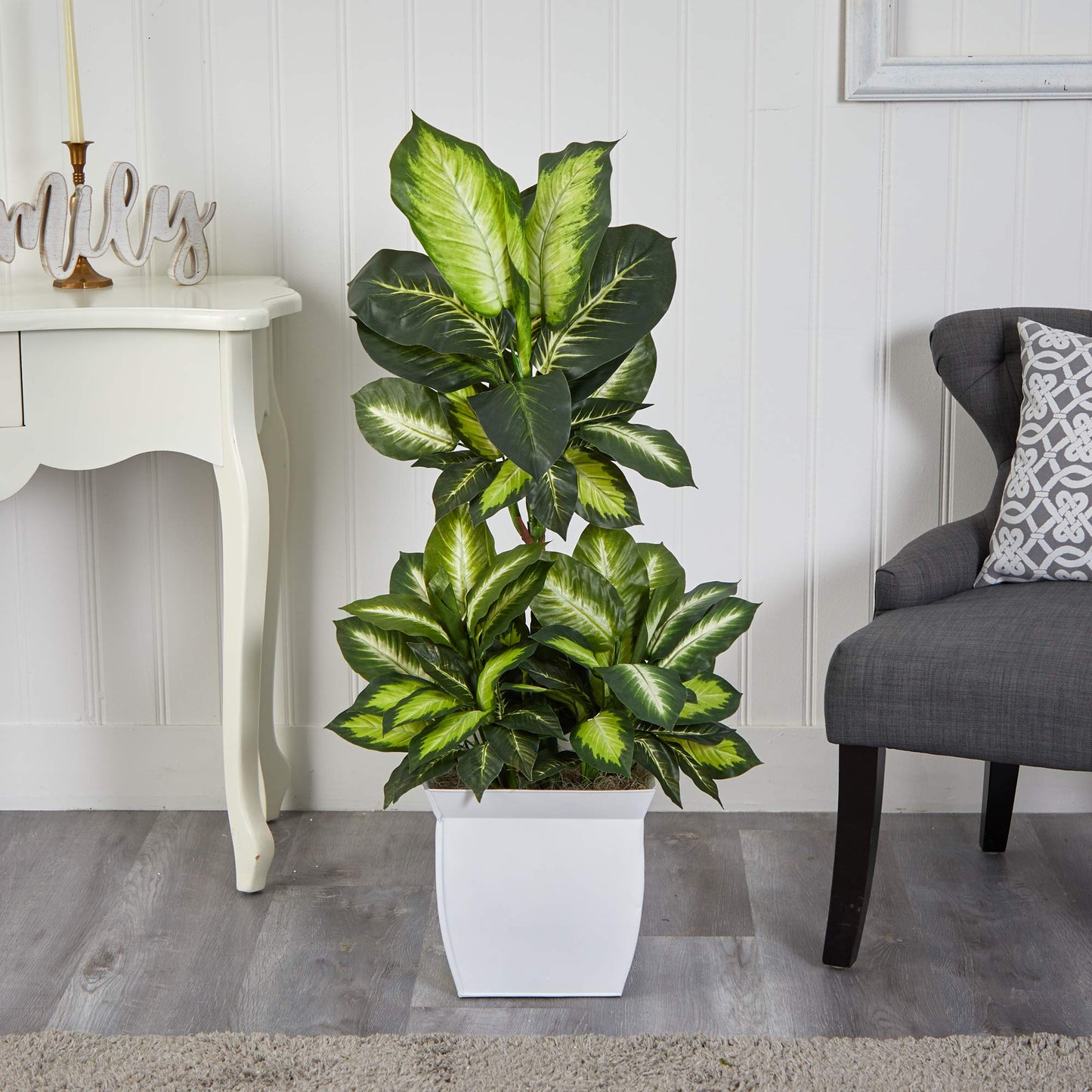 Nearly Natural 46in. Golden Dieffenbachia Artificial Plant in White Metal Planter