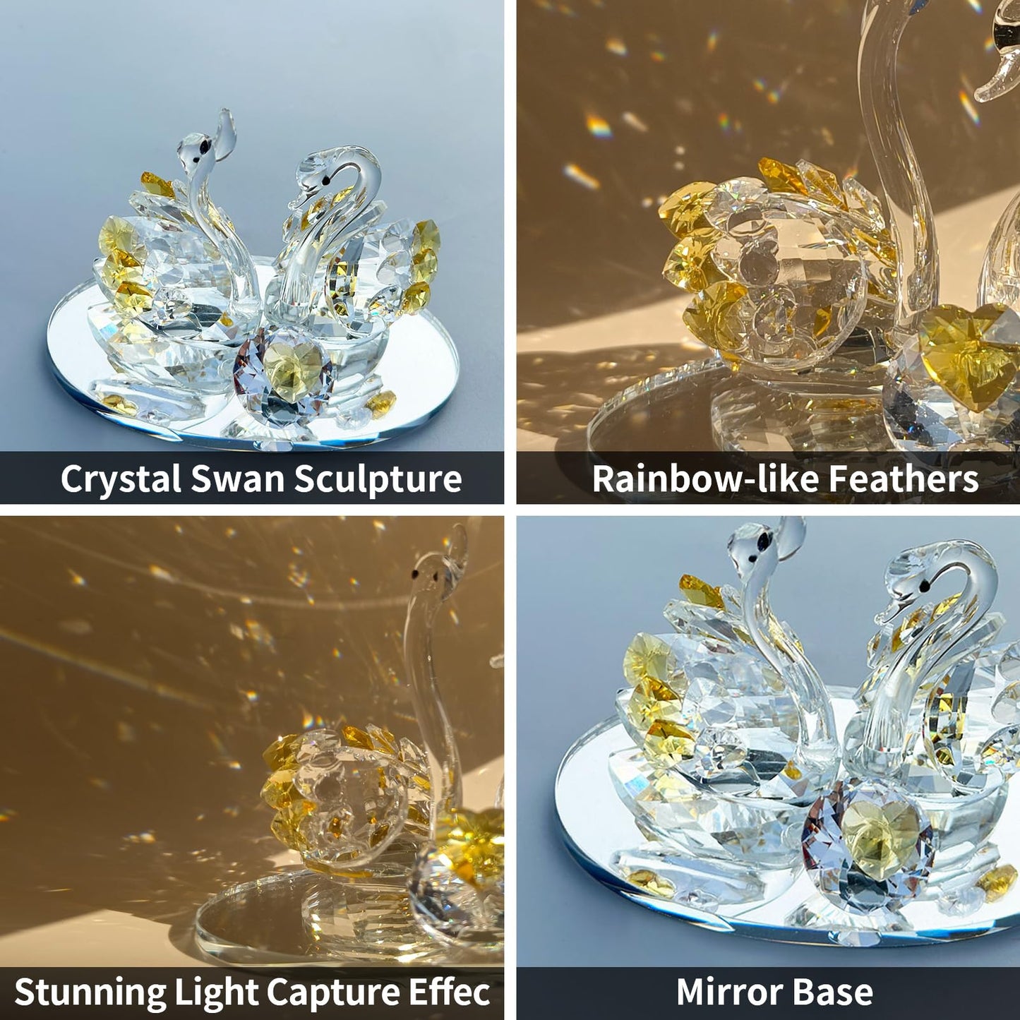 Venusorn Handcrafted Crystal Swan Figurine Sculpture with Accents, Decorative Glass Collectible,Birthday, Party, Study Room, Window, Gift (Golden)