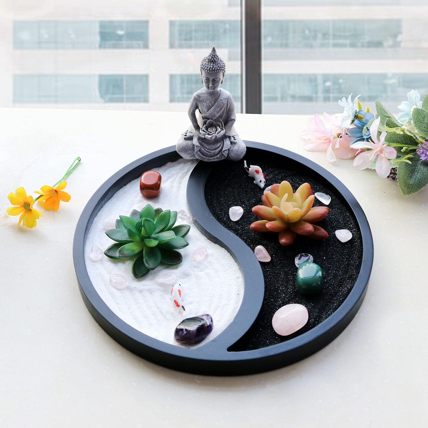 BangBangDa Buddha Meditation Zen Garden Kit - Home Office Tabletop Taiji Yin Yang Sand Garden Altar Zen Decor Zen Gifts DIY Mini Chakra Crystal Quartz Rock Garden w/Nature Healing Stone Rake Tool