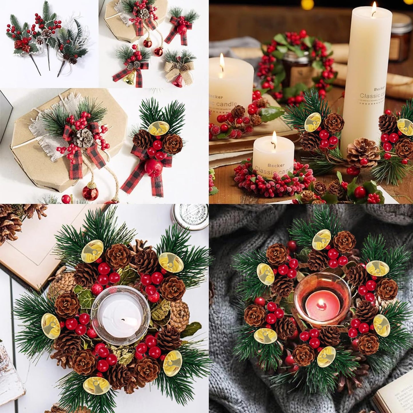 GXXMEI 25PCS Christmas Floral Pick with Jingle Bell, Pine Cone Holly Berry Stems for Crafts, Artificial Christmas Picks and Sprays for Christmas Home Decor, Garland, Wreath