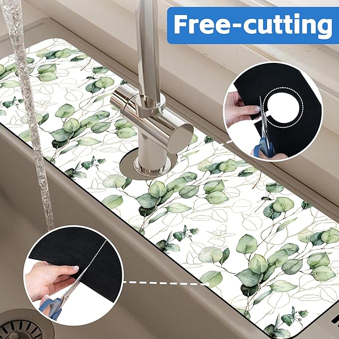 Watercolor Gold Eucalyptus Branch Dish Drying Mat