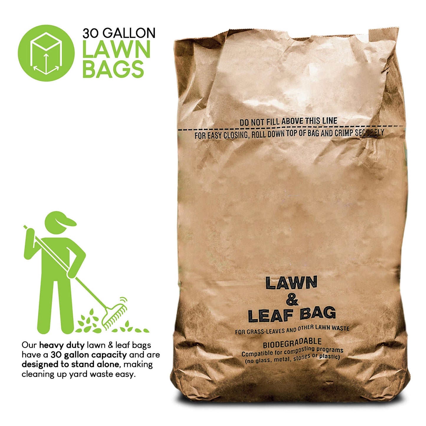 30 Gallon Kraft Lawn and Leaf Bags (10 Pack) Eco-Friendly Heavy Duty Large Paper Trash Bags, Made in the USA Tear Resistant Yard Waste Bags for Grass Clippings, Wet and Dry Leaves, Weeds, Twigs