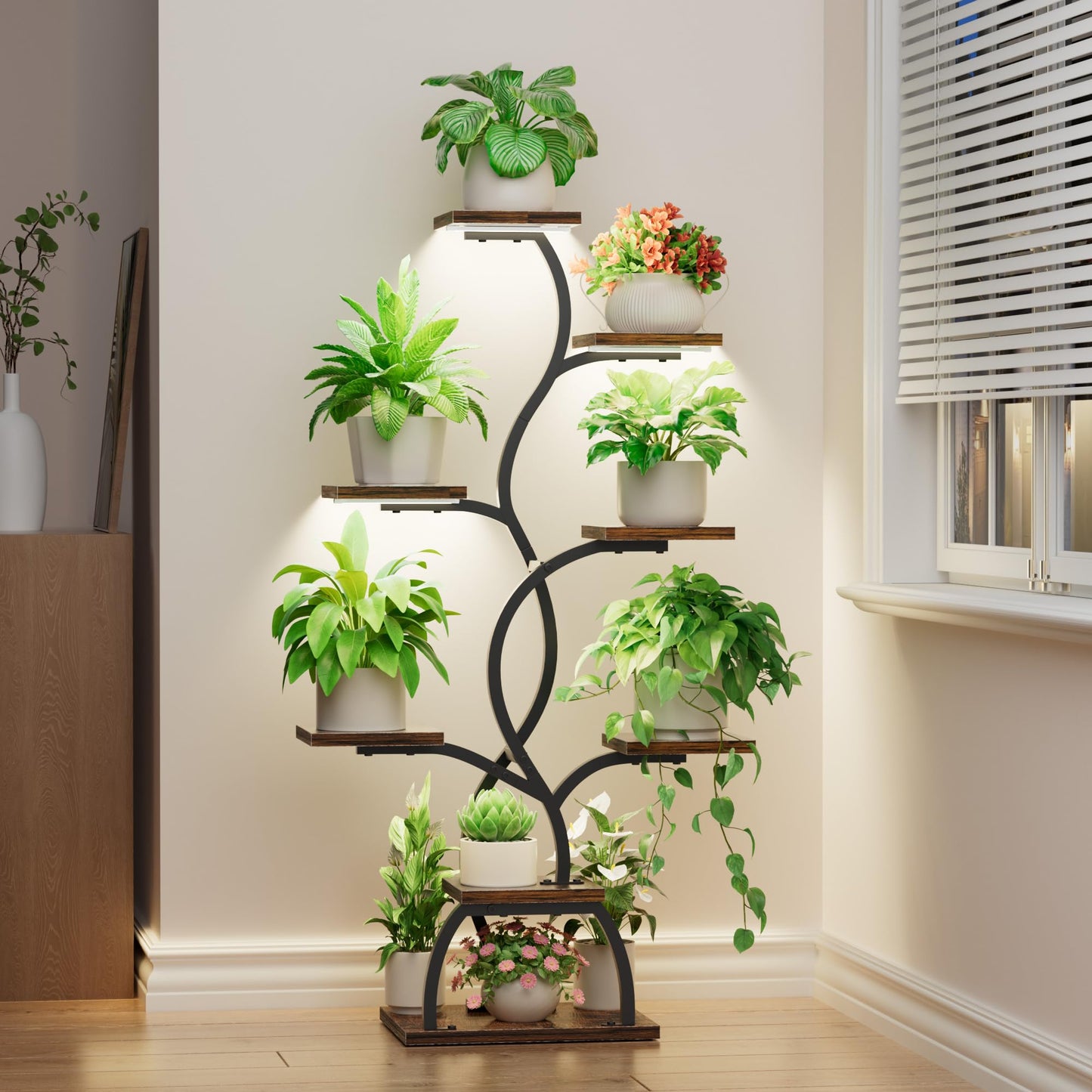 EVAWOO Plant Stand Indoor with Grow Light - 8 Tiered Plant Shelf Indoor, Corner Plant Stand, 49" Tall Plant Shelf with Lights for Indoor Growing, Lighted Flower Holder for Living Room, Balcony, Black