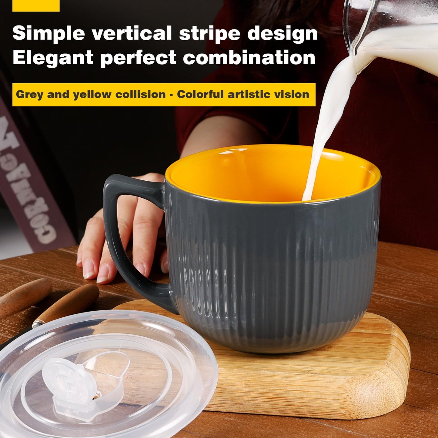 ZEBERBO Ceramic Soup Bowl with Handle 32oz – Microwave Ramen Bowl with Lid, Soup Mugs & Cups for Cereal, Oatmeal, Ramen, Instant Noodle, Soup Container with Lid (Gray)