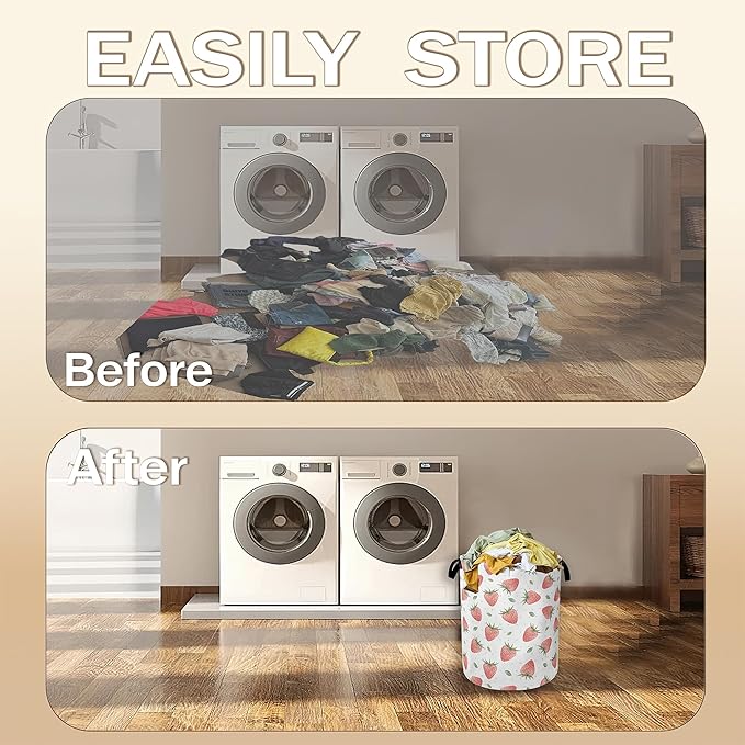 Watercolor Pink Strawberry Laundry Hamper, Waterproof Oxford Cloth Laundry Room