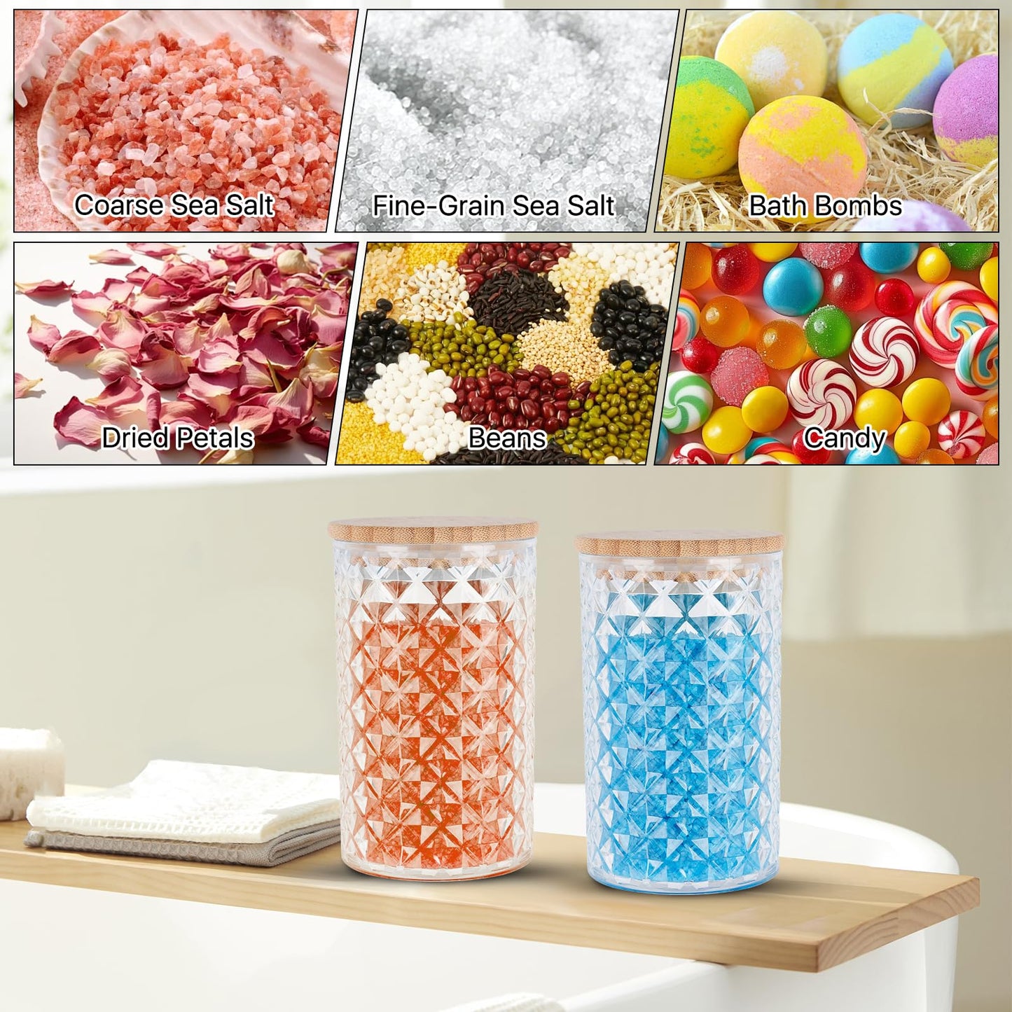 Worldity 1000ML/33OZ Acrylic Bath Salt Container, Anti-shatter Bath Salt Jars with Airtight Lids & Wooden Scoop, Acrylic Jars with Lids for Coffee, Sugar, Cookie, Bath Tub Accessories for Women