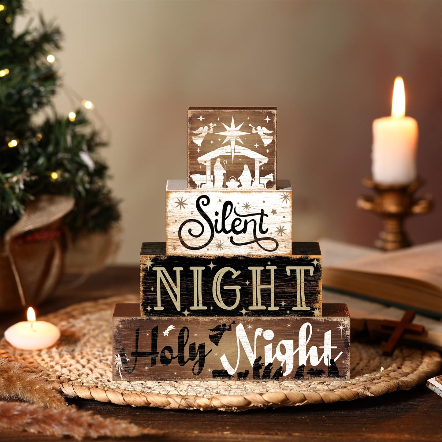 Moucuny 4 Pcs Wooden Christmas Nativity Table Sign Wooden Holy Night Decorative Signage Xmas Tiered Tray Decor Winter Centerpieces Farmhouse Block Set Xmas Table Sign for Home
